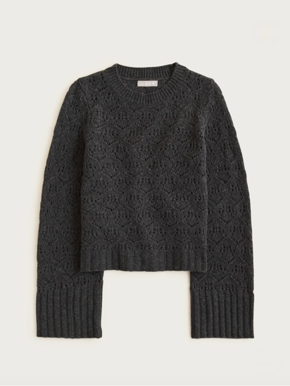 J. Crew Charcoal Wide Sleeve Pointelle Merino Wool Crewneck Sweater, Medium